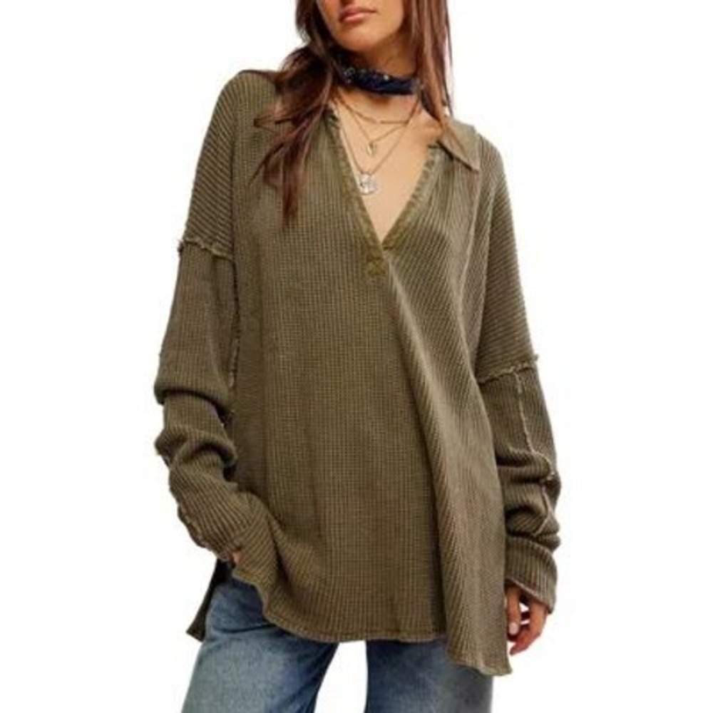 We The Free Travis Oversized Thermal Polo In Military Olive M Distressed Grunge
